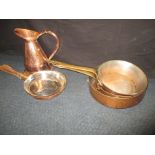 3 heavy copper pans by Helvetia and other copper items.