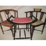 2 Edwardian inlaid parlour corner chairs and a piano stool