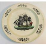 A Liverpool cream ware ship plate 9.875in diameter