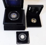A silver proof definitive £2 coin twinned with a Piedfort silver proof crown & a £1 silver proof coi