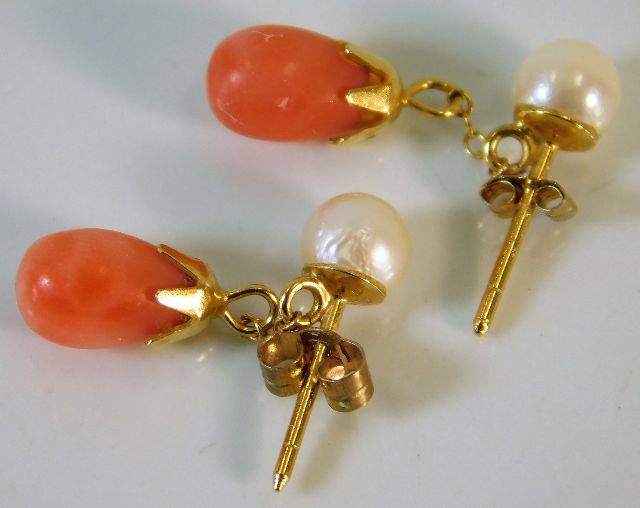 A pair of 9ct gold mounted coral & pearl earrings