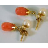 A pair of 9ct gold mounted coral & pearl earrings