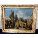 A 19thC. oil on canvas with clock set within paint