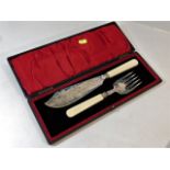 A antique cased silver plate & ivory fish serving
