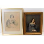 A pencil sketch & a framed oil of the same sitter