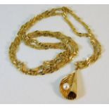 A 9ct gold chain with folded leaf & pearl pendant