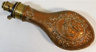 A 19thC. copper powder flask with embossed horse d