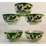 Five Chinese porcelain cockerel bowls