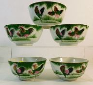 Five Chinese porcelain cockerel bowls