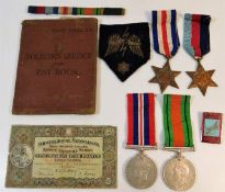 A WWII medal set won by 14722669 Pte. Drake Borders with his soldiers pay book & other items