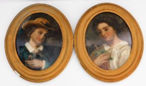 A pair of Victorian gilt framed paintings on glass