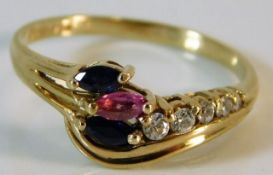 A 9ct gold ring with sapphire, ruby & diamond 4g s