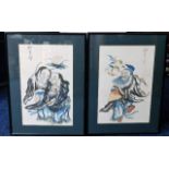 A pair of Chinese hand coloured prints, signed, ea