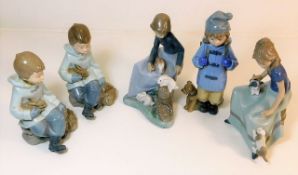 Five Lladro Nao porcelain figures, one with repair