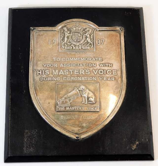 A 1937 mounted silver HMV plaque "To commemorate y