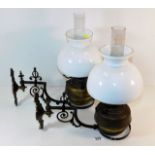 A pair of decorative of 19thC. French wall mounted church oil lamps with shades & chimneys depth 15.
