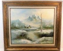 A framed oil of snow scene by Don Sloane, image si