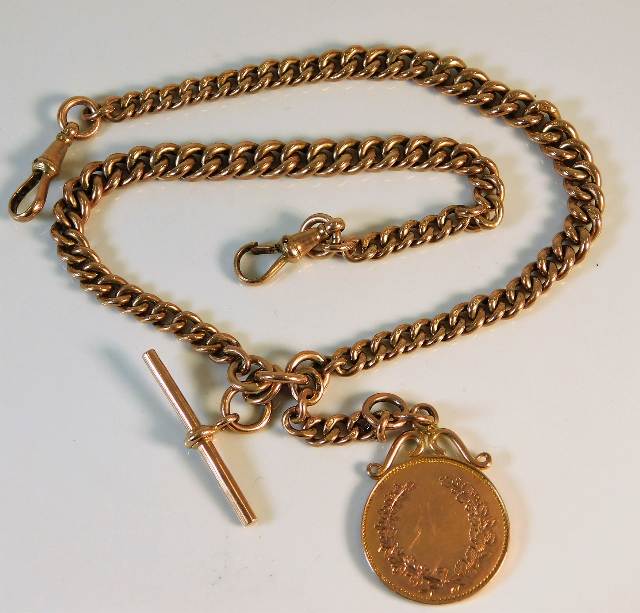 A 19thC. 9ct rose gold Albert with fob 60.8g, link