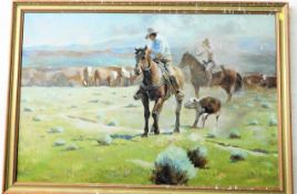 An unsigned American school oil painting depicting cowboys rounding up cattle, image size 35in x 23.