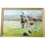 An unsigned American school oil painting depicting cowboys rounding up cattle, image size 35in x 23.