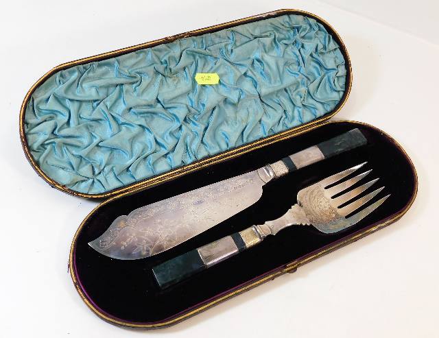 An antique cased silver plate & hardstone fish ser