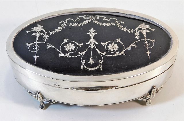 A 19thC. white metal trinket box with inlaid torto