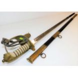 A naval officers dress sword & brass fitted scabbard with shagreen handle and belt 37.5in long
