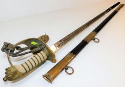 A naval officers dress sword & brass fitted scabbard with shagreen handle and belt 37.5in long