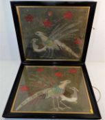 A pair of framed 19thC. raised work on silk pictur
