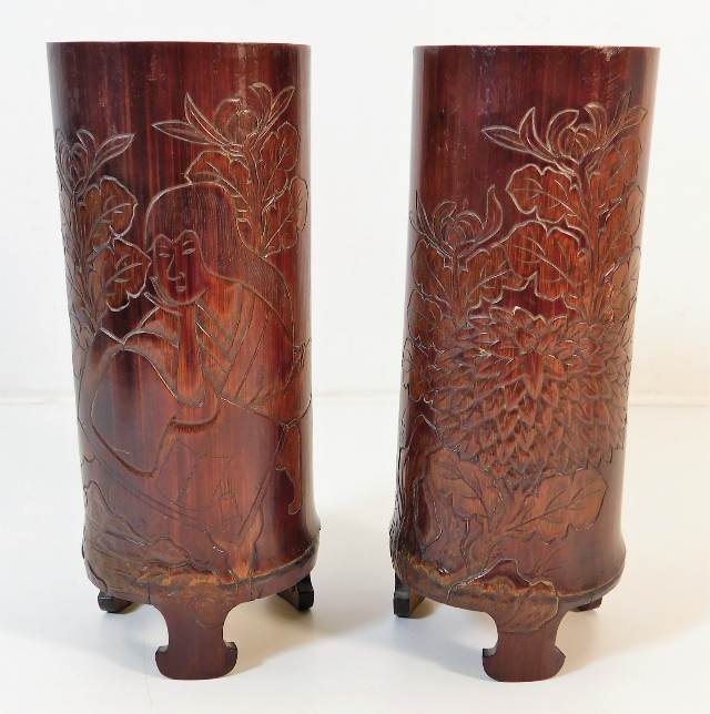 A pair of carved Chinese bamboo brush pots 7.25in