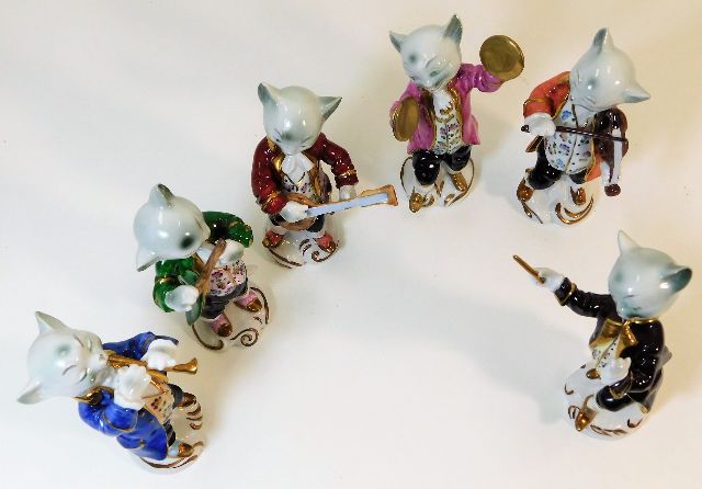 A set of six Sitzendorf porcelain cat band members