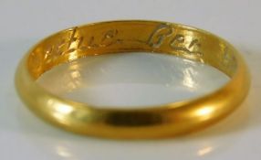 A c.1720 yellow metal posy ring with inscription "