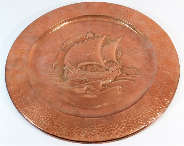 A large copper tray attributed to Newlyn with gall