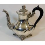 A French 0.950 silver tea pot with decorative spout & applied leaf & fruit decor to lid 700g