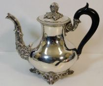 A French 0.950 silver tea pot with decorative spout & applied leaf & fruit decor to lid 700g