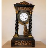 An inlaid French portico clock with Japy Freres movement set between twist pillars, fault with pendu
