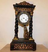 An inlaid French portico clock with Japy Freres movement set between twist pillars, fault with pendu