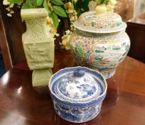 A Chinese blue & white bowl & cover, chipped, twin