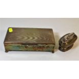 A silver plated footed cigar box & a table lighter