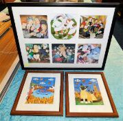 A framed Beryl Cook montage twinned with a pair of