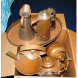 A boxed quantity of copper wares