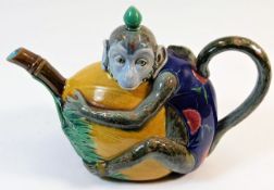 A 19thC. Minton majolica monkey teapot, tidy glue