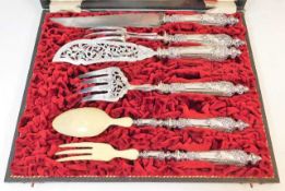 A cased French 0.950 silver handled & ivory fish & salad serving set approx. 701g inclusive
