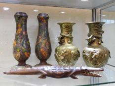 Two brass Chinese vases twinned with a carved croc