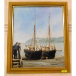 An oil on panel of moored boats signed Hannaford i