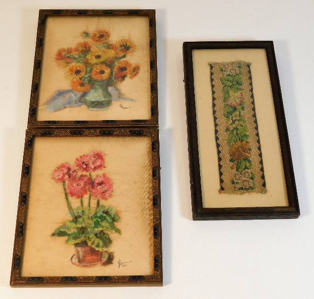 Two framed floral watercolours on silk type materi