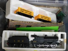 A boxed quantity of model railway related items in