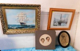 A gilt framed oil of galleon at sea signed Ambrose