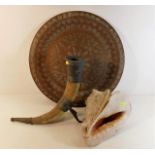 A large copper tray, a mounted horn & a large conc