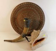 A large copper tray, a mounted horn & a large conc